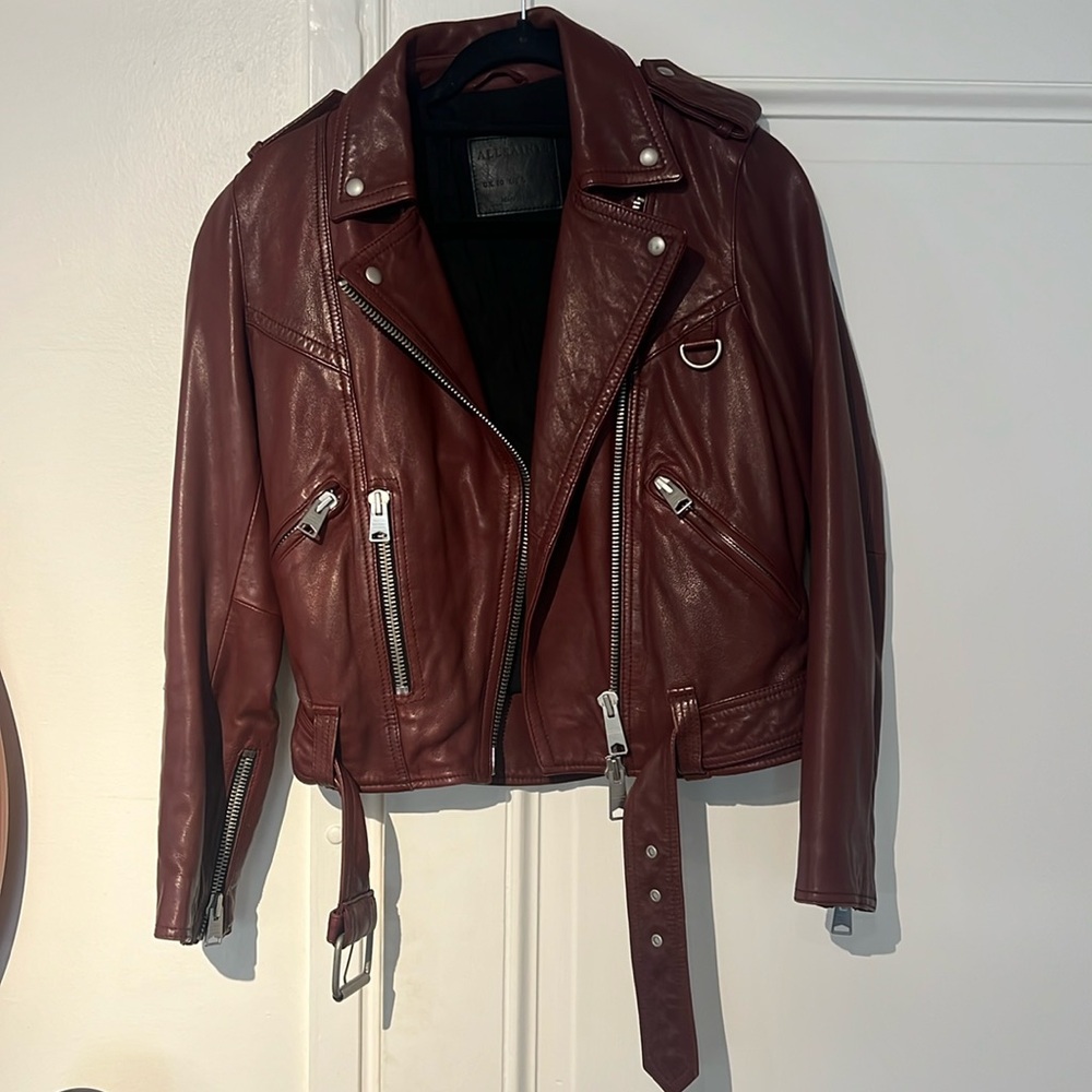Allsaints burgundy red biker leather jacket. All siants